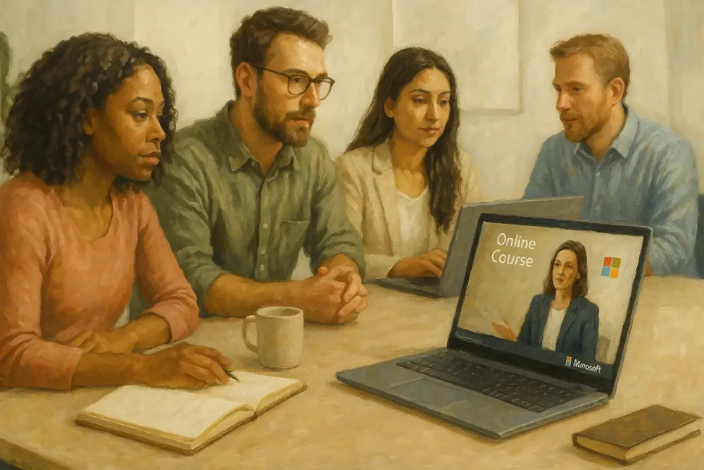 A diverse group of four people watch an online course on their laptops in a bright, white workspace, with notebooks, coffee mugs, and a subtle Microsoft logo on the screen.