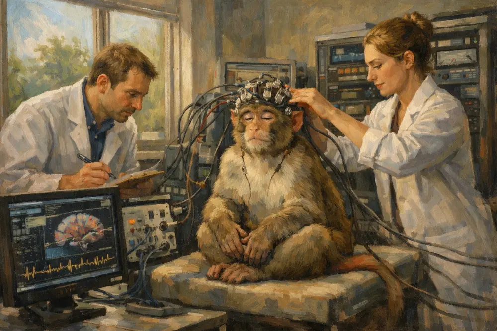 Scientists monitor AI brain equipment connected to a calm monkey in a research lab