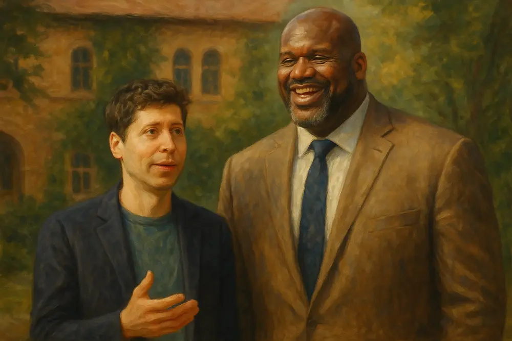 Sam Altman and Shaquille O’Neal smiling side by side outdoors