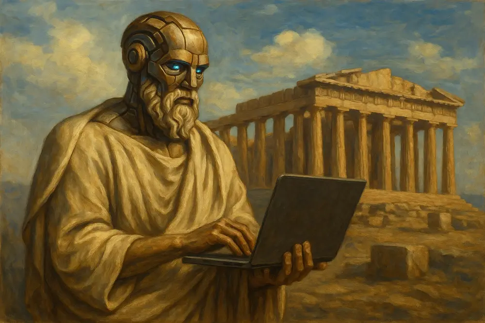 AI in ancient Greek robes types on a laptop in front of the Parthenon