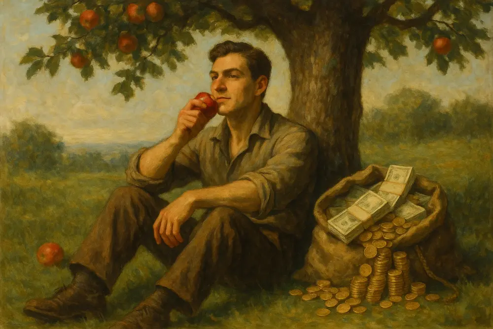 A man eats an apple under a tree beside a sack spilling cash and coins