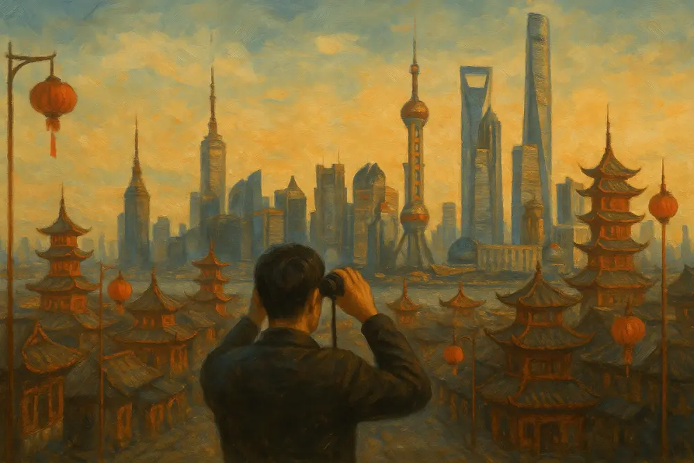A person with binoculars looks over a futuristic Chinese city skyline with pagodas and skyscrapers