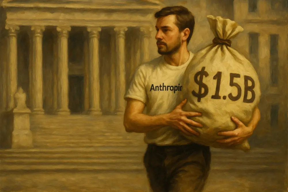 A man in a shirt labeled "Anthropic" carries a large money bag marked "$1.5B"