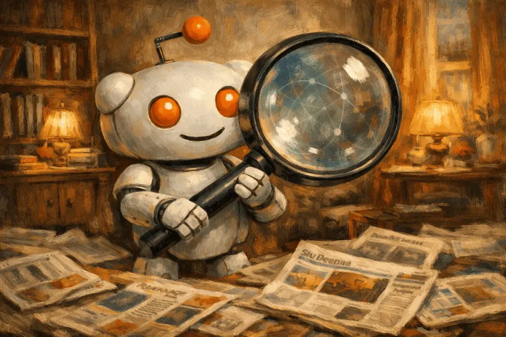 Reddit robot holds an oversized magnifying glass in a room filled with scattered newspapers