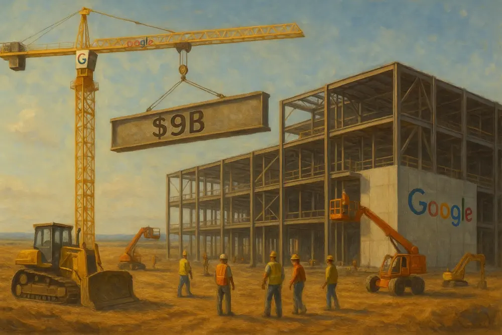 A Google data center construction site in rural Oklahoma, with a crane lifting a steel beam marked "$9B"