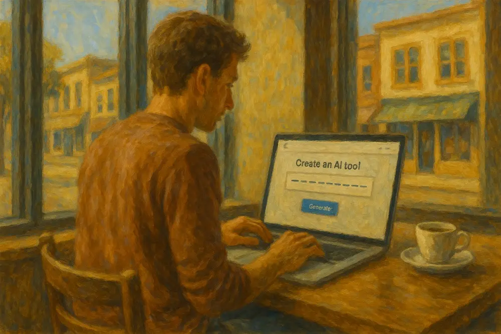 Person working on a laptop in a café, with boutique shops visible through large windows