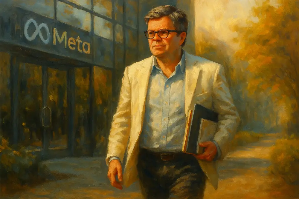 Yann LeCun leaves Meta’s glass building carrying a laptop and documents