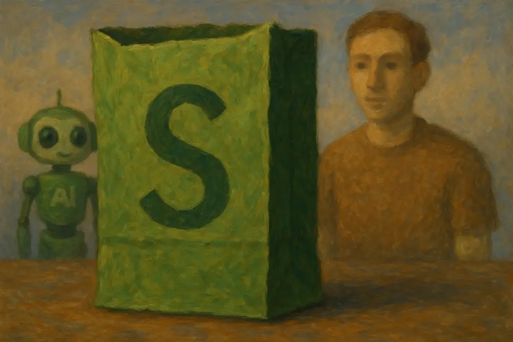 green paper bag with a large "S" on it, placed on a table between a green robot labeled "AI" and a human
