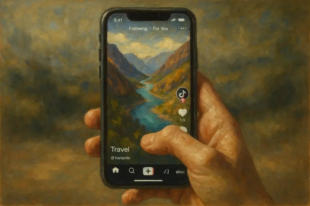 A hand holding an iPhone showing a TikTok-style travel video with a thumb hovering over the share button