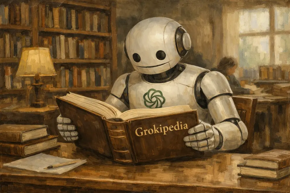 Robot with a ChatGPT logo reads a book titled “Grokipedia”