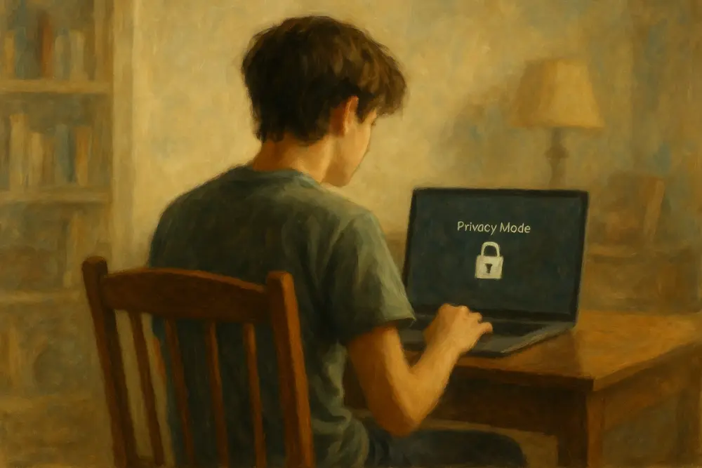 Teenager sitting in a study room, viewed from behind, focused on a laptop screen showing a "Privacy Mode" lock icon.