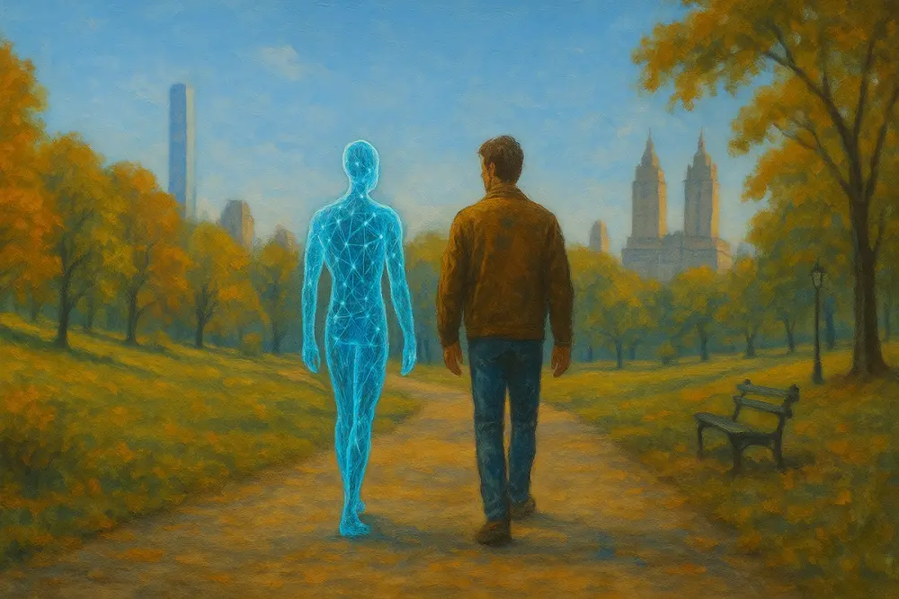 A man walks beside a glowing holographic AI figure along a tree-lined path in Central Park, with city skyscrapers in the background