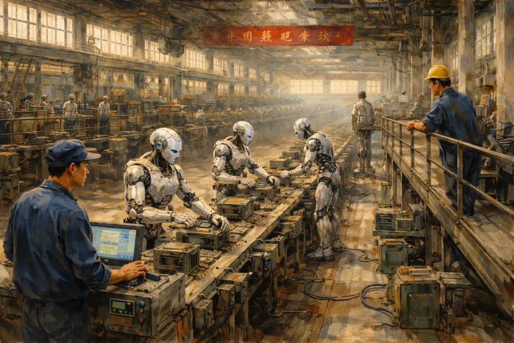 Chinese factory with a few humanoid robots and human supervisors