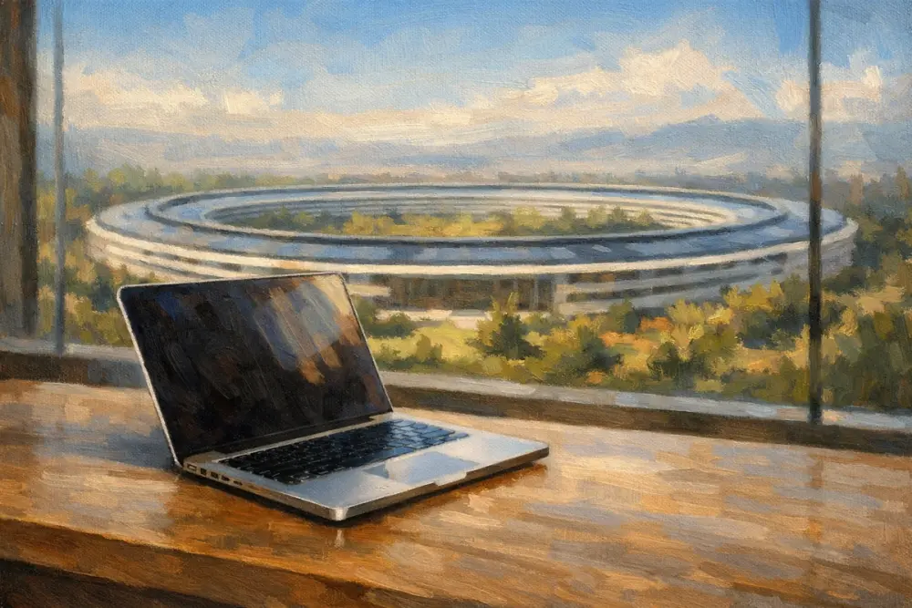 MacBook on a wooden table with Apple Park in the background.