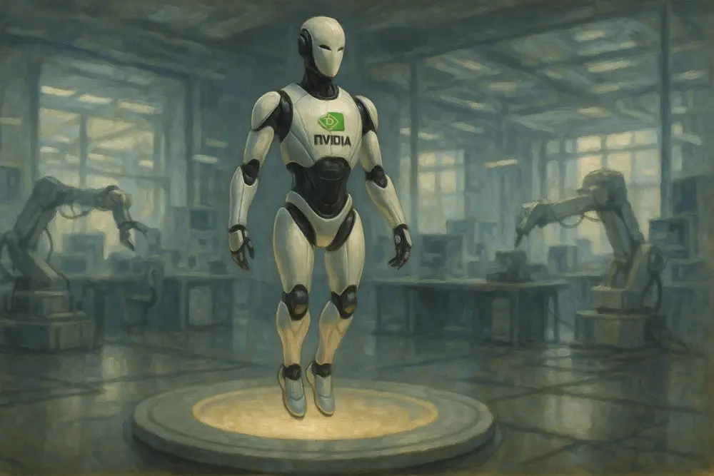 A sleek white and black NVIDIA-branded humanoid robot levitating above a glowing platform