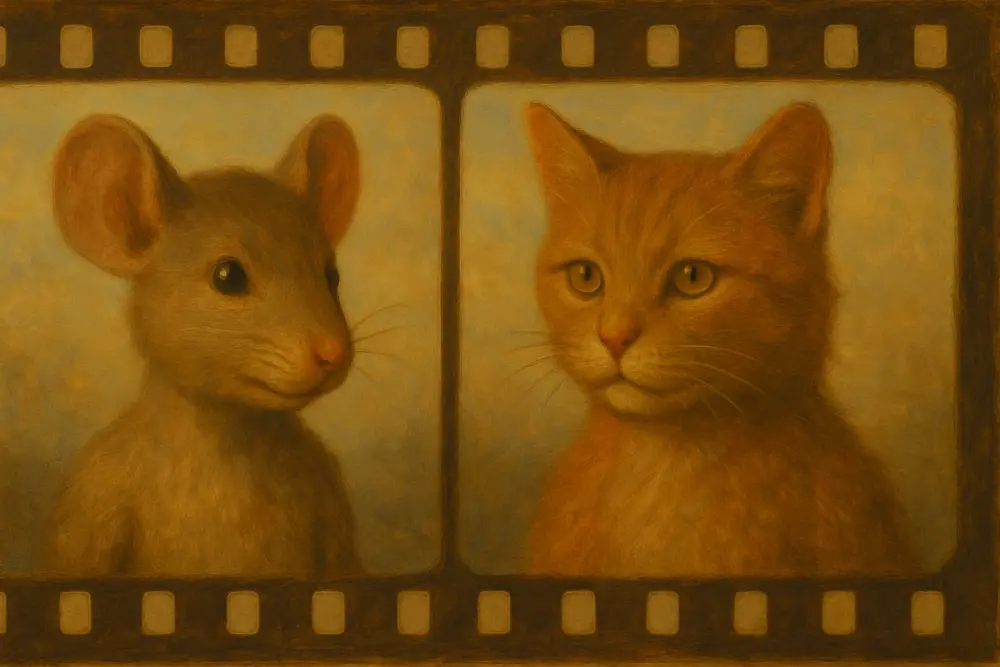 painted filmstrip features a mouse and a cat, both depicted with realistic fur textures and soft lighting