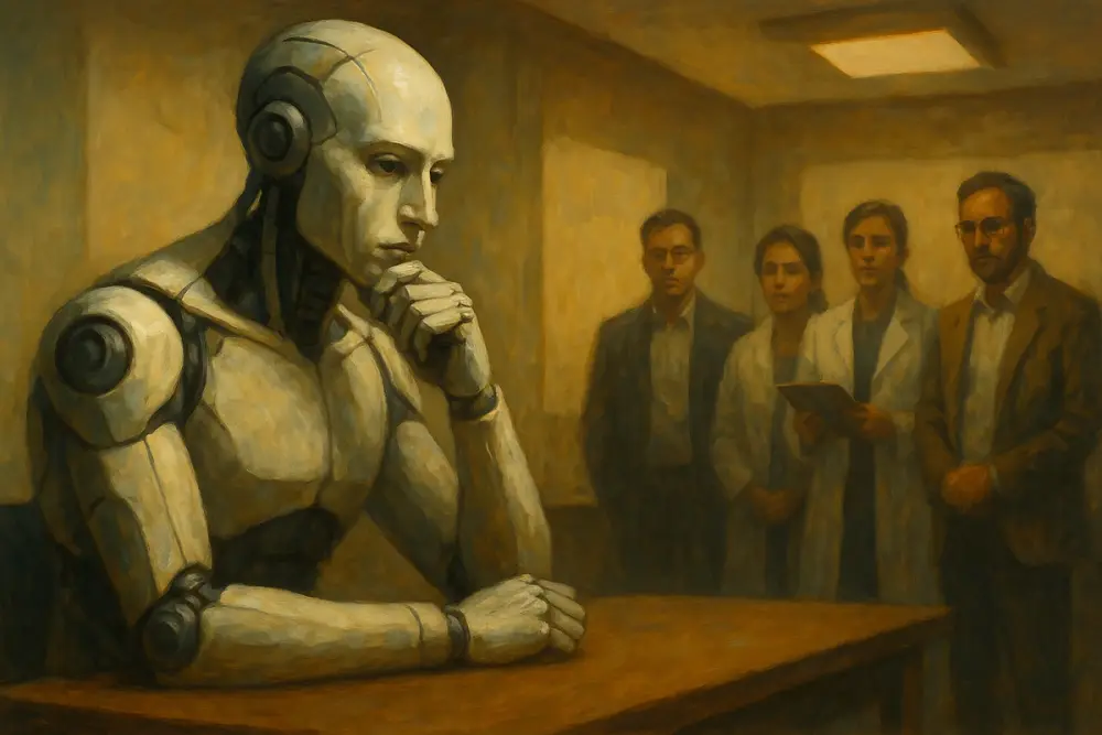 A humanoid AI sits thinking as researchers observe