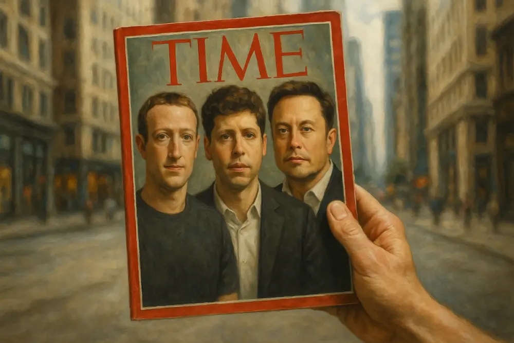 A hand holding a Time magazine featuring Mark Zuckerberg, Sam Altman, and Elon Musk