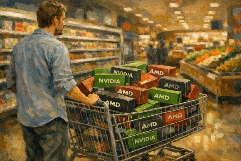 Person pushing a supermarket cart filled with boxed computer chips labeled NVIDIA and AMD