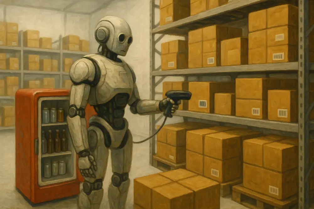 An AI robot scans barcodes on cardboard boxes in a clean white warehouse, with a small red minifridge beside it slightly open