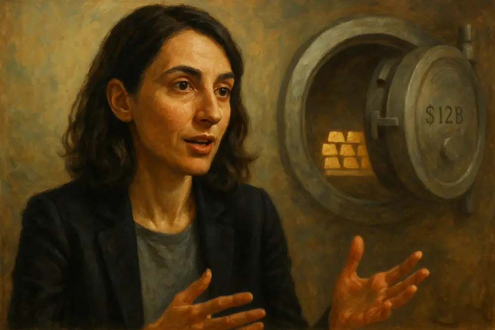 Portrait of Mira Murati with a $12B vault and glowing gold bars subtly visible in the background