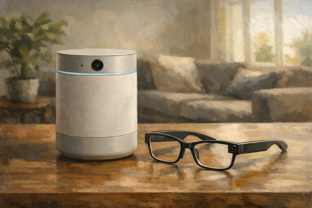 AI smart speaker and smart glasses on a wooden table
