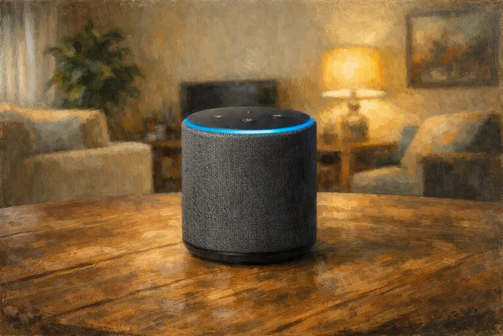 Alexa smart speaker centered on a wooden table