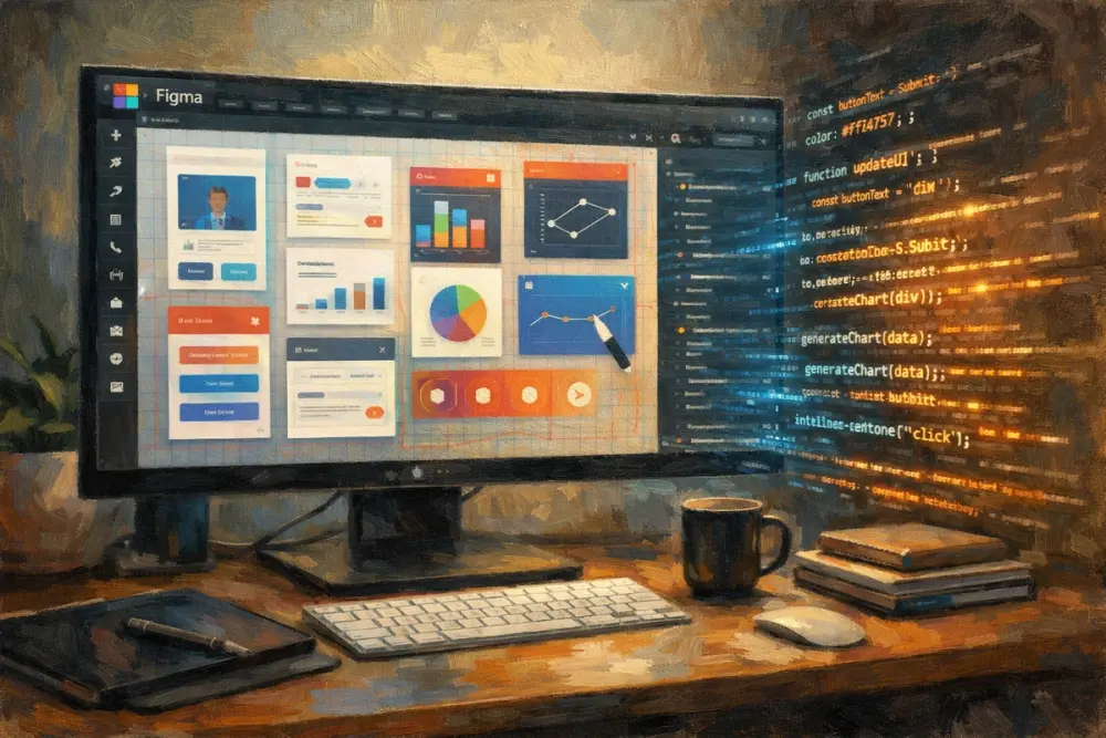 A modern workspace monitor showing a Figma design interface transforming into glowing lines of code