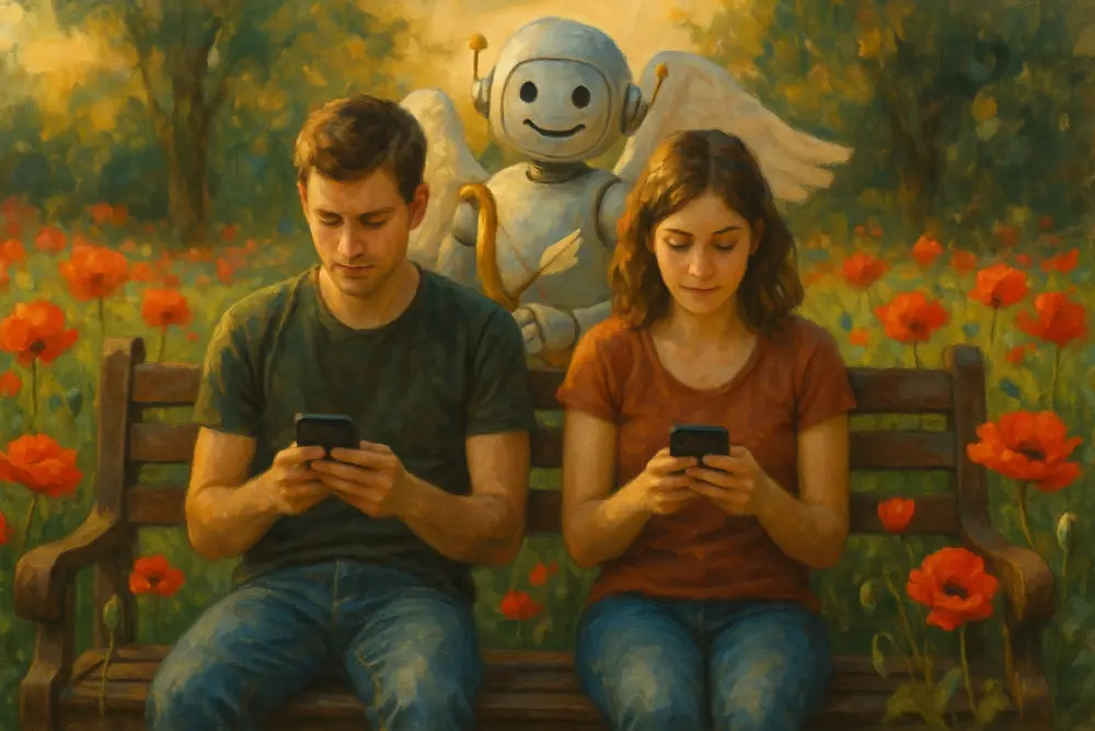 A couple on a bench use their phones while a Cupid robot watches behind