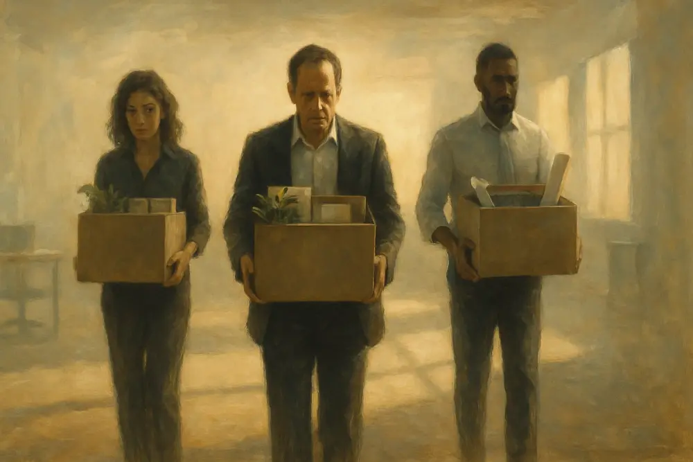 Three employees walk away from a minimal, sunlit office space, each holding a box of personal belongings