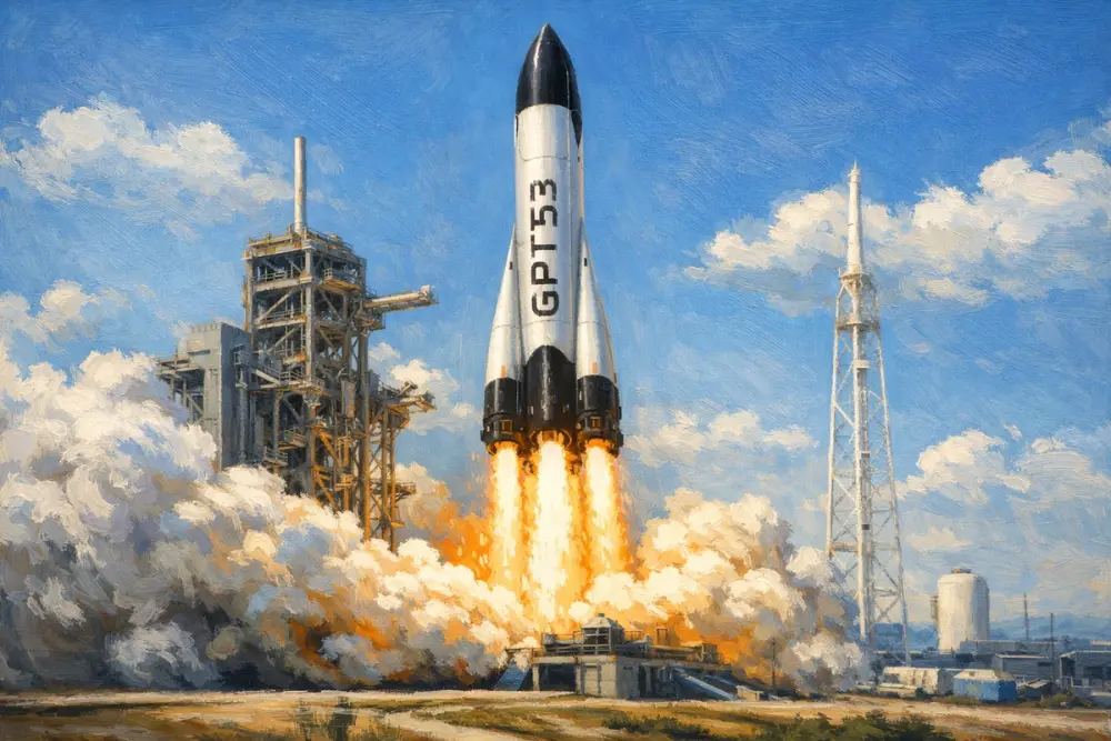 “GPT 5.3” rocket launching with flames and smoke under a blue sky.