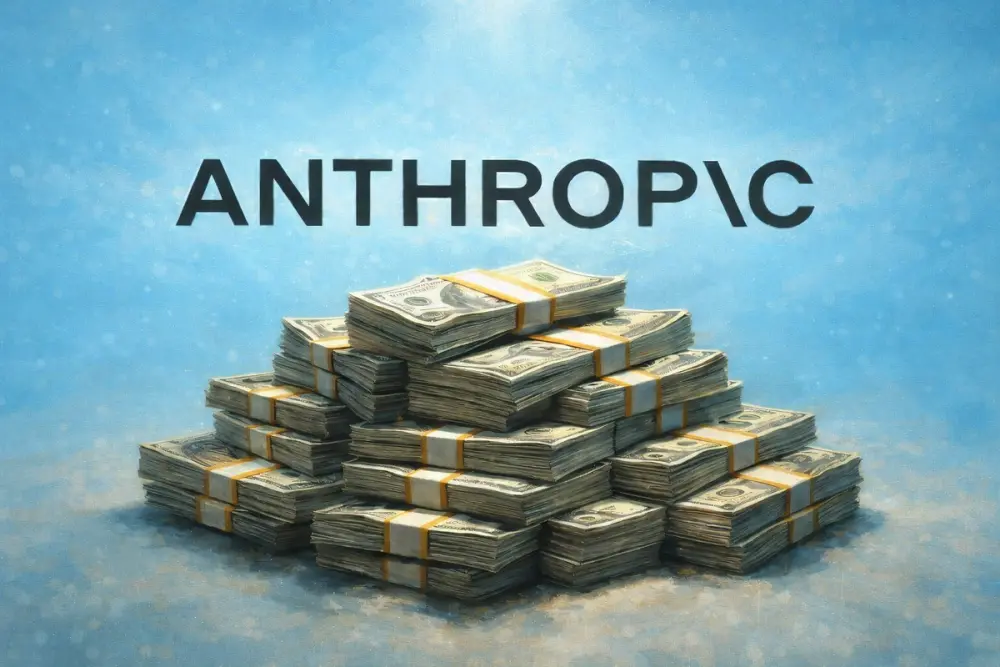 Stack of cash in front of the Anthropic logo