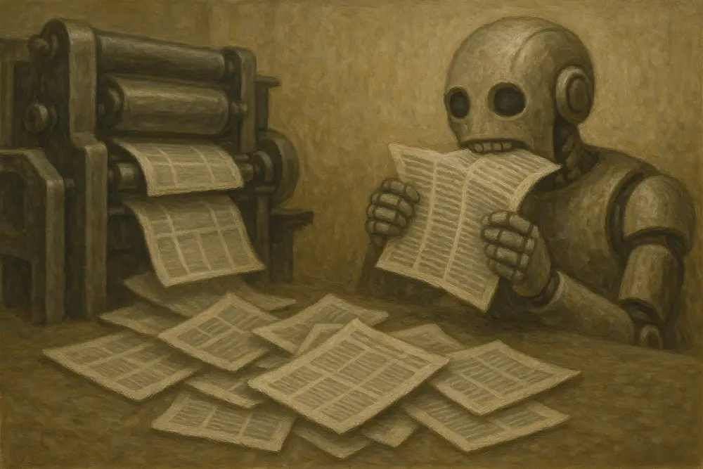 A vintage printing press releases unread news sheets onto the floor while a humanoid AI robot bites into a newspaper