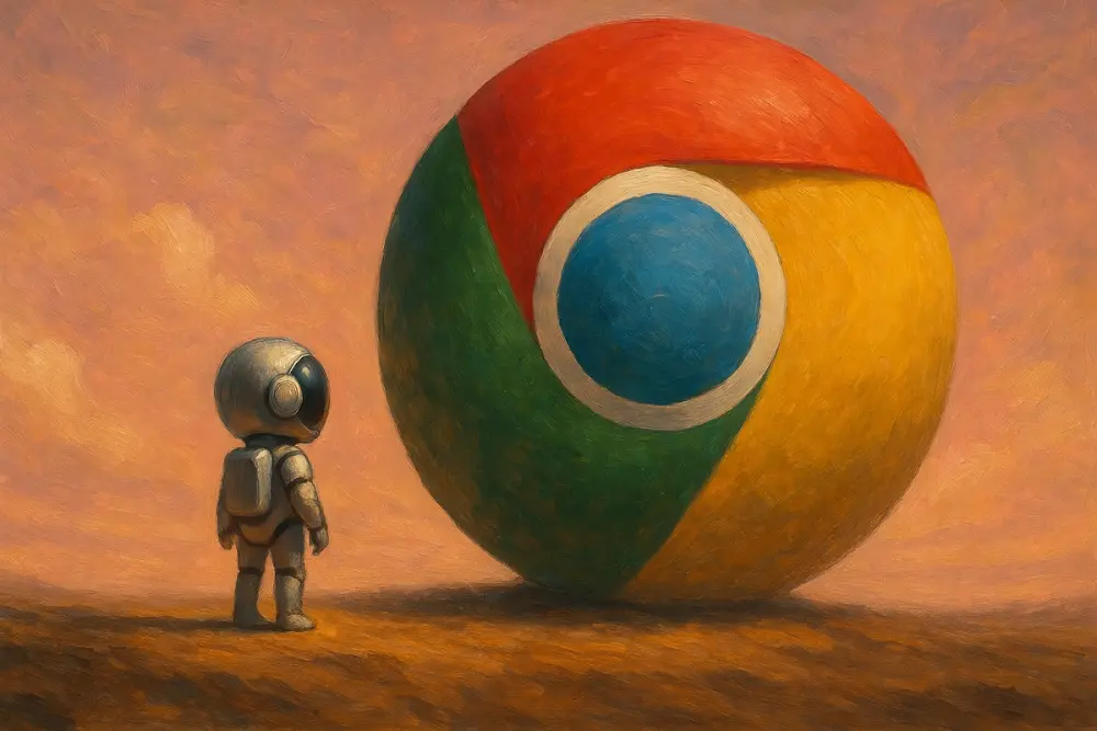 A small AI astronaut stands on the ground, gazing up at a massive spherical planet shaped like the Google Chrome