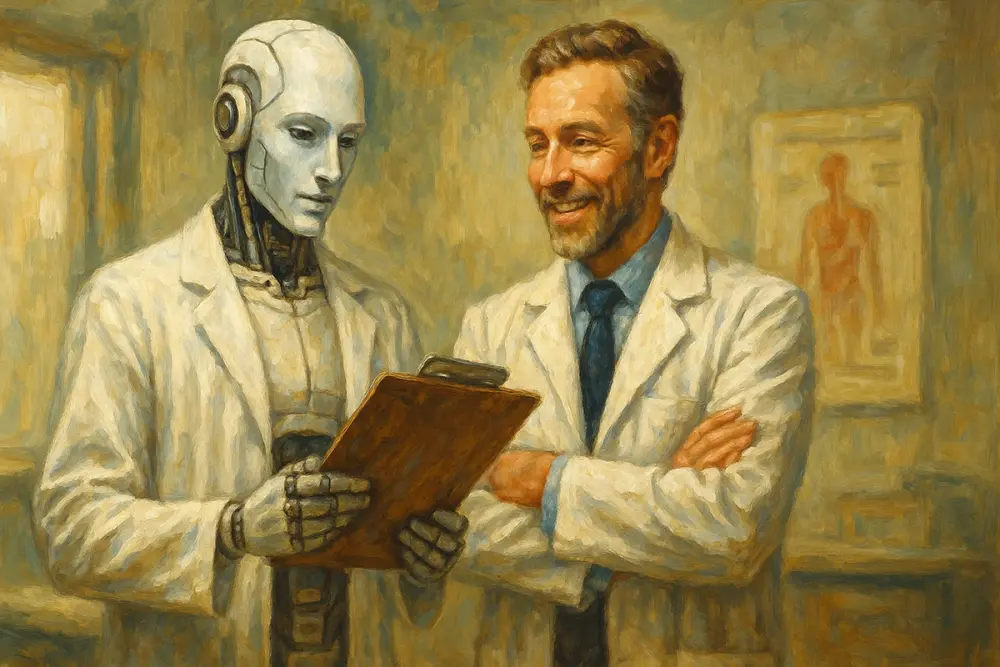 An AI doctor in a white coat analyzes a patient chart while a smiling human doctor watches, impressed