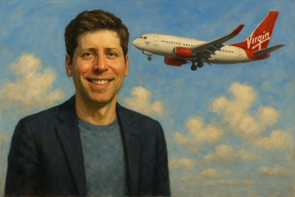 Sam Altman smiling under a blue sky as a Virgin airplane flies overhead