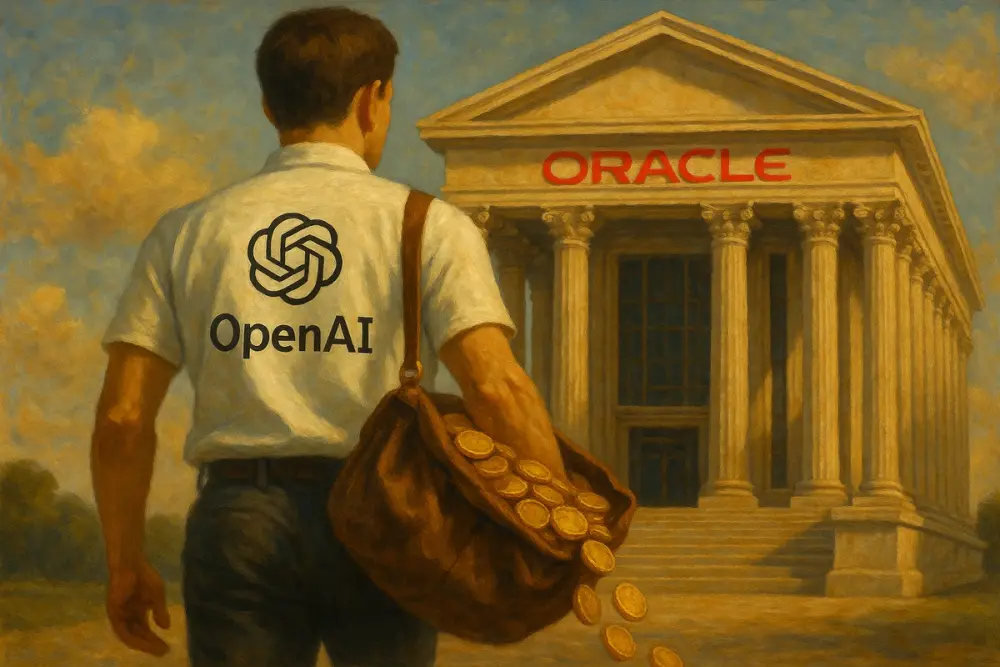 A man in an OpenAI shirt walks toward a grand Roman-style Oracle data center, carrying a leather bag spilling gold coins