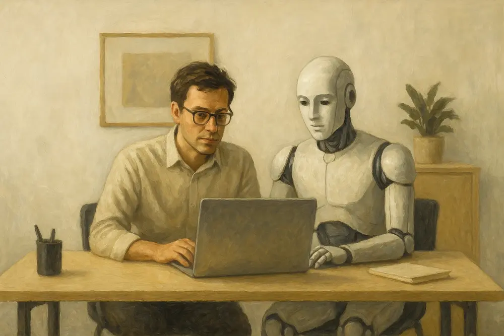 A human and a humanoid robot sit side by side at a minimalist wooden desk, both focused on the same laptop
