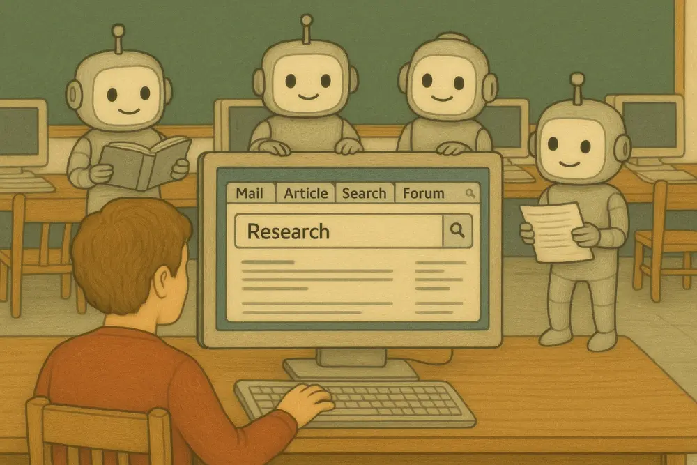 A person sits at a computer in a classroom, with a screen showing multiple research tabs, while four friendly AI robots assist