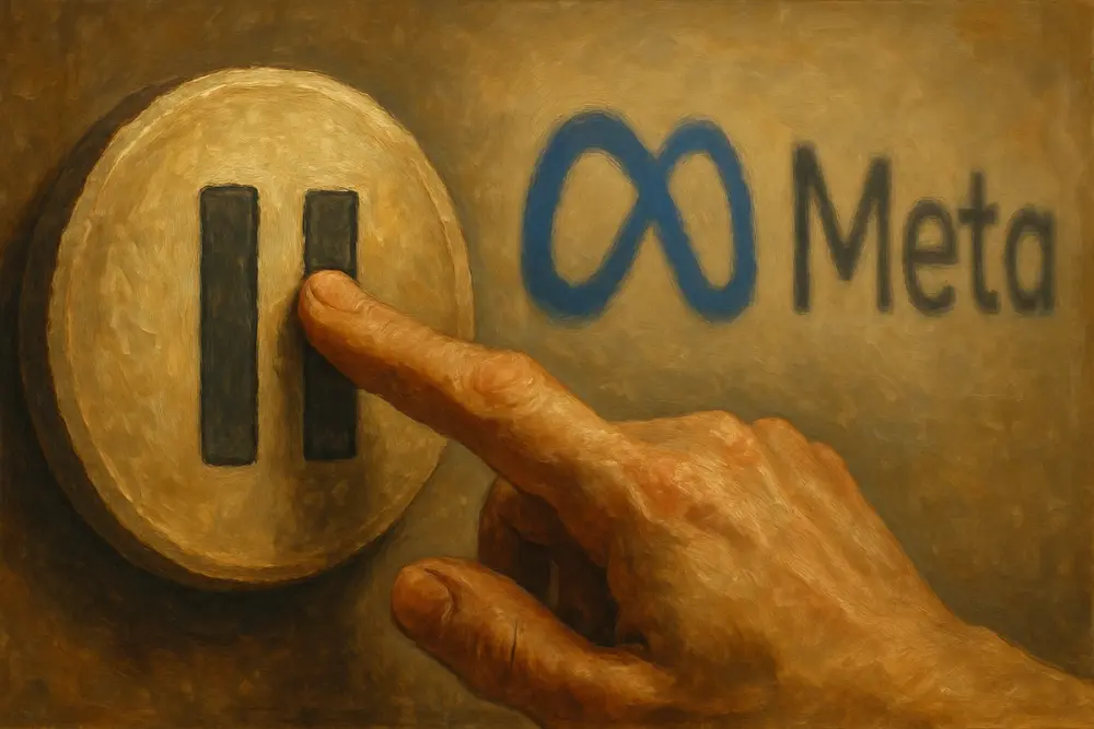 A hand presses a large pause button with the blurred Meta logo in the background