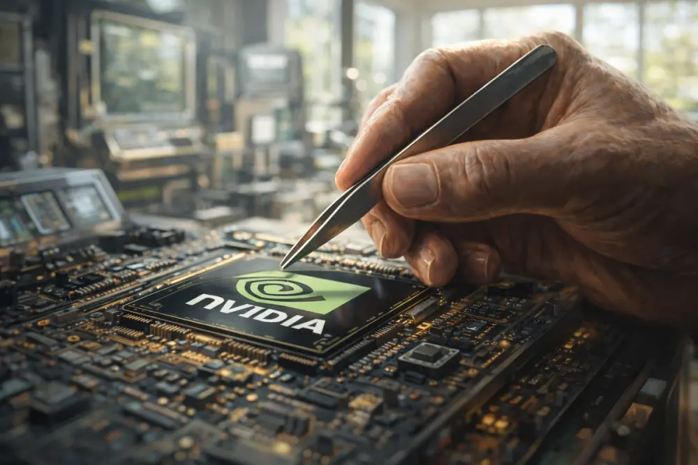 Close-up of a human hand assembling an NVIDIA microchip on a circuit board