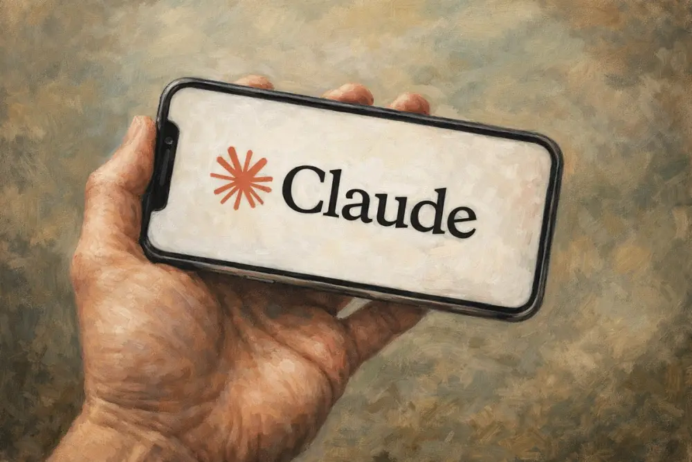 Hand holding a smartphone displaying the Claude logo.