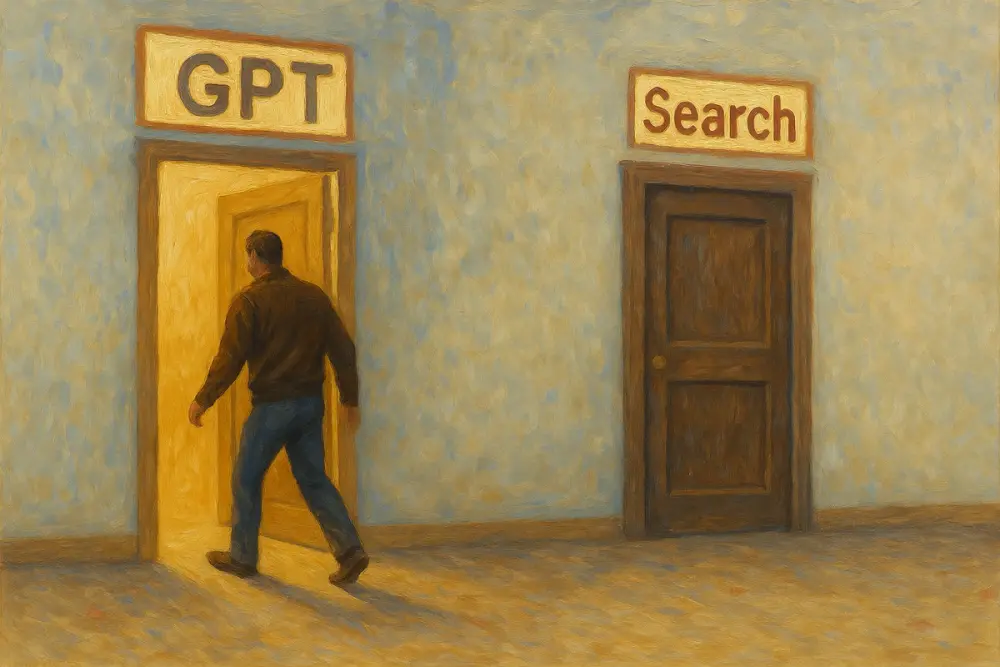 A man walks through a bright doorway labeled "GPT" while a closed door labeled "Search"