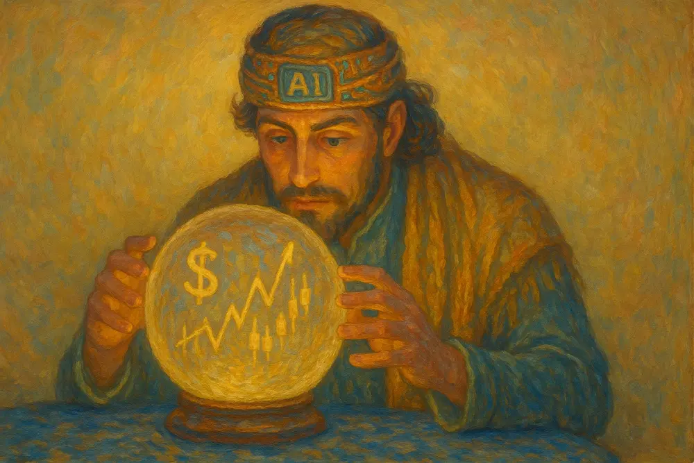 AI fortune teller with futuristic attire, gazing into a glowing crystal ball that displays dollar signs and stock market graphs