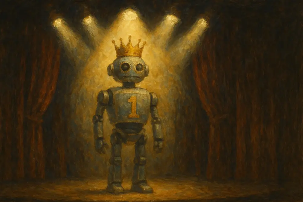 A crowned robot stands under bright spotlights on a stage