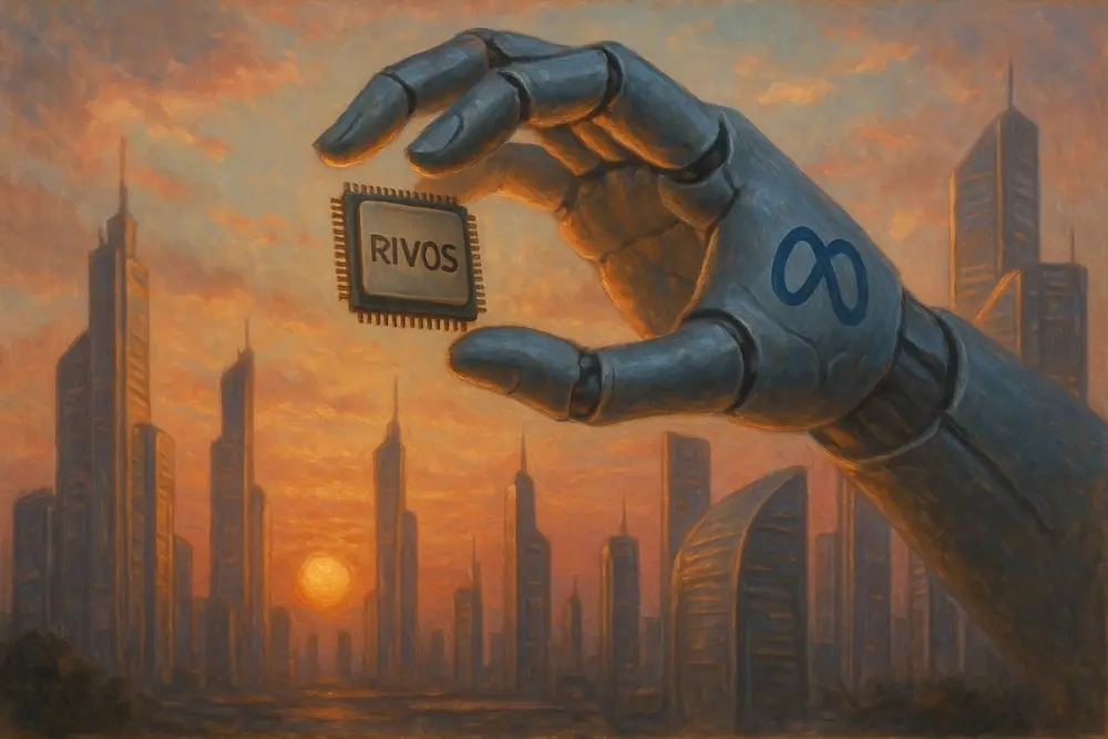 A giant robotic hand with the Meta logo holds a microchip labeled “Rivos”