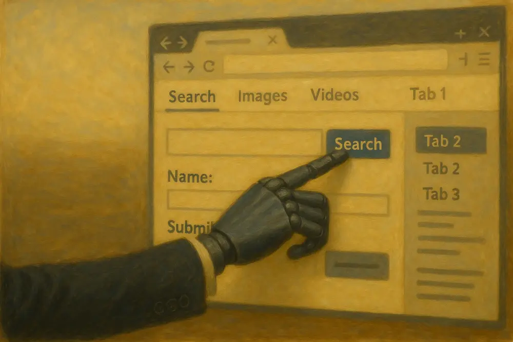 robotic hand in a suit sleeve presses the "Search" button on a stylized web browser interface