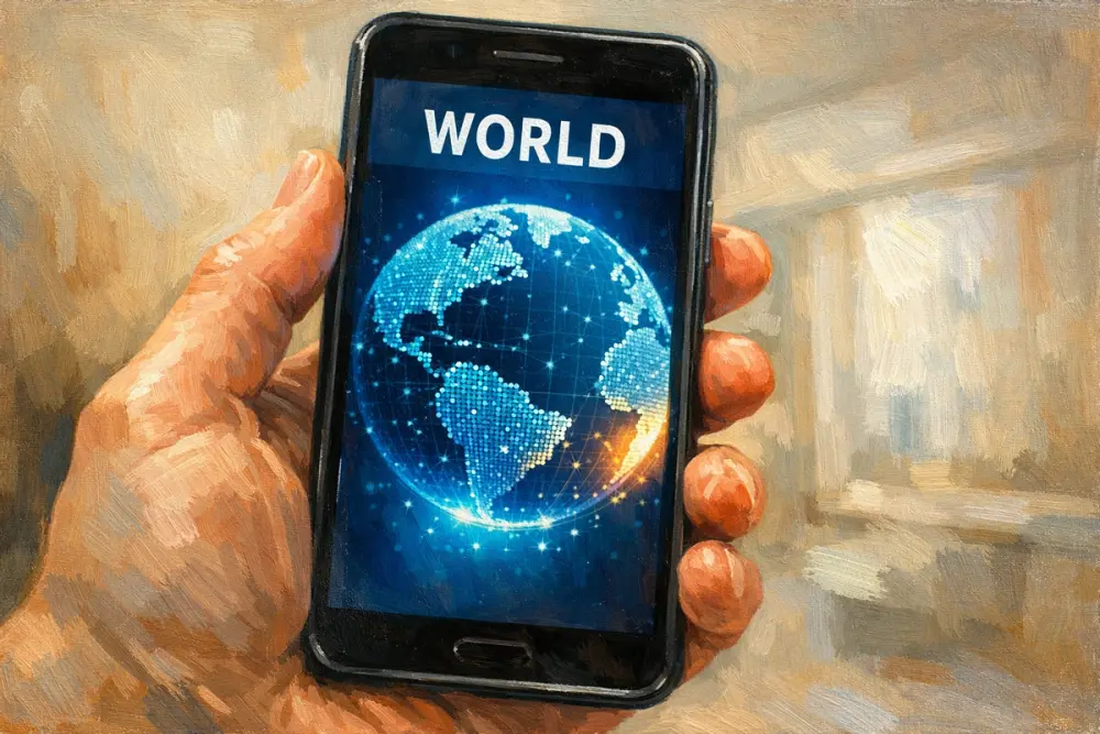 A hand holding a smartphone displaying the word “WORLD” above a glowing digital globe