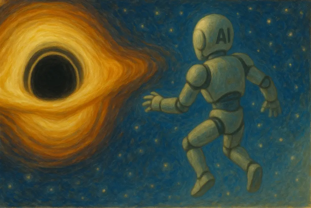 An AI robot floats in space near a glowing black hole with swirling golden light, set against a vibrant starry background