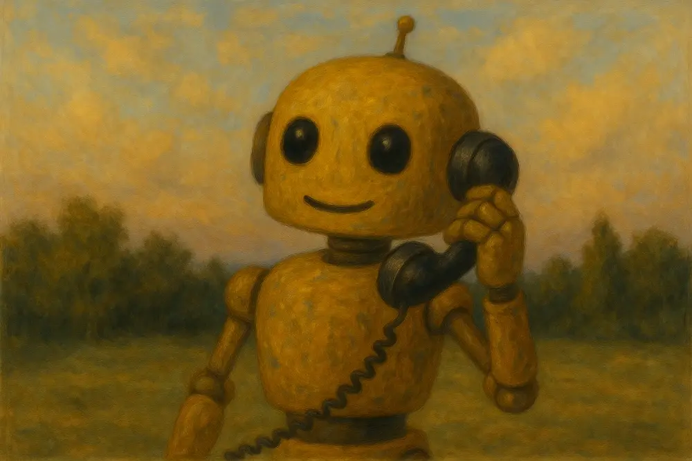 robot with a rounded head and antenna, smiling while holding a vintage black telephone